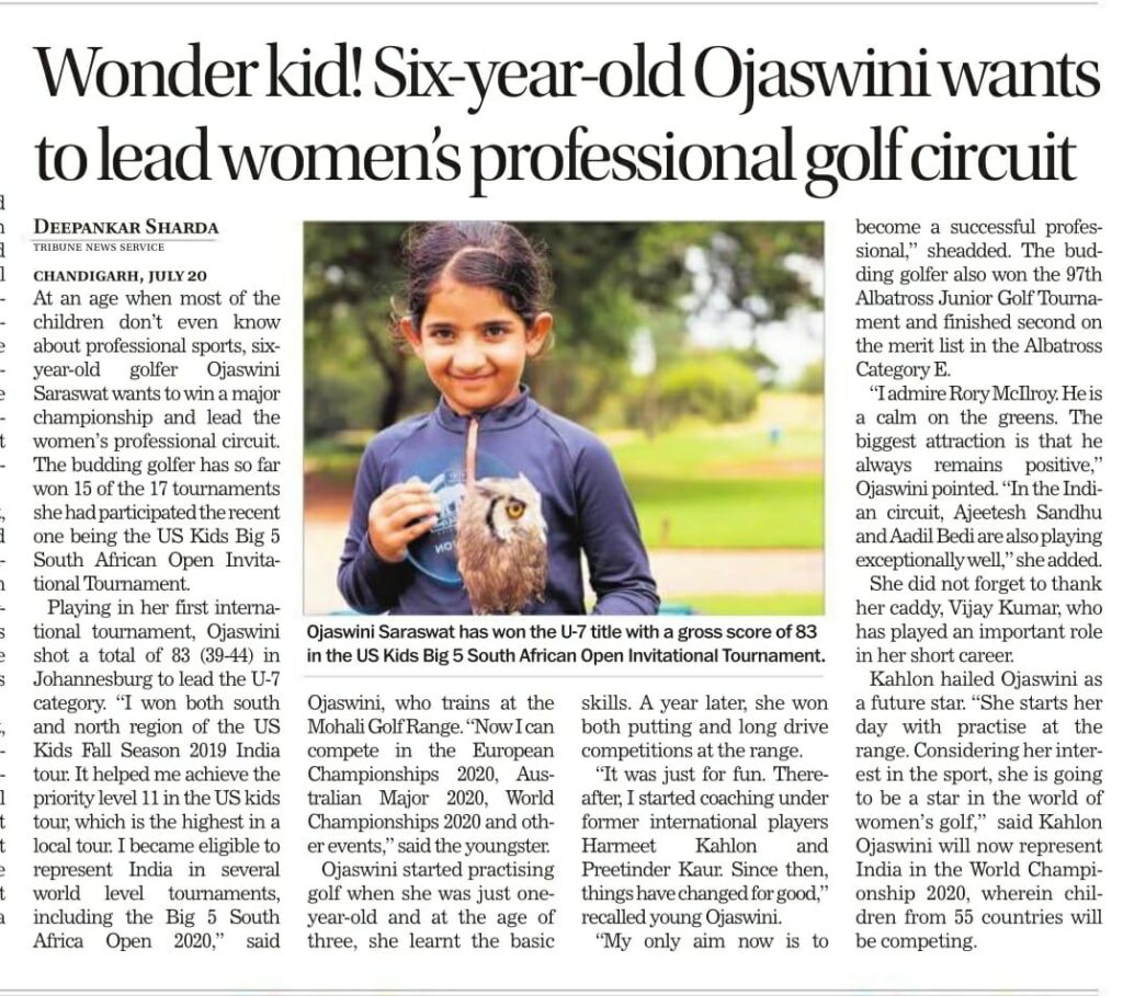 Six-year-old Ojaswini Saraswat holding her golf trophy after winning the U-7 category at the US Kids Big 5 South African Open Invitational Tournament.