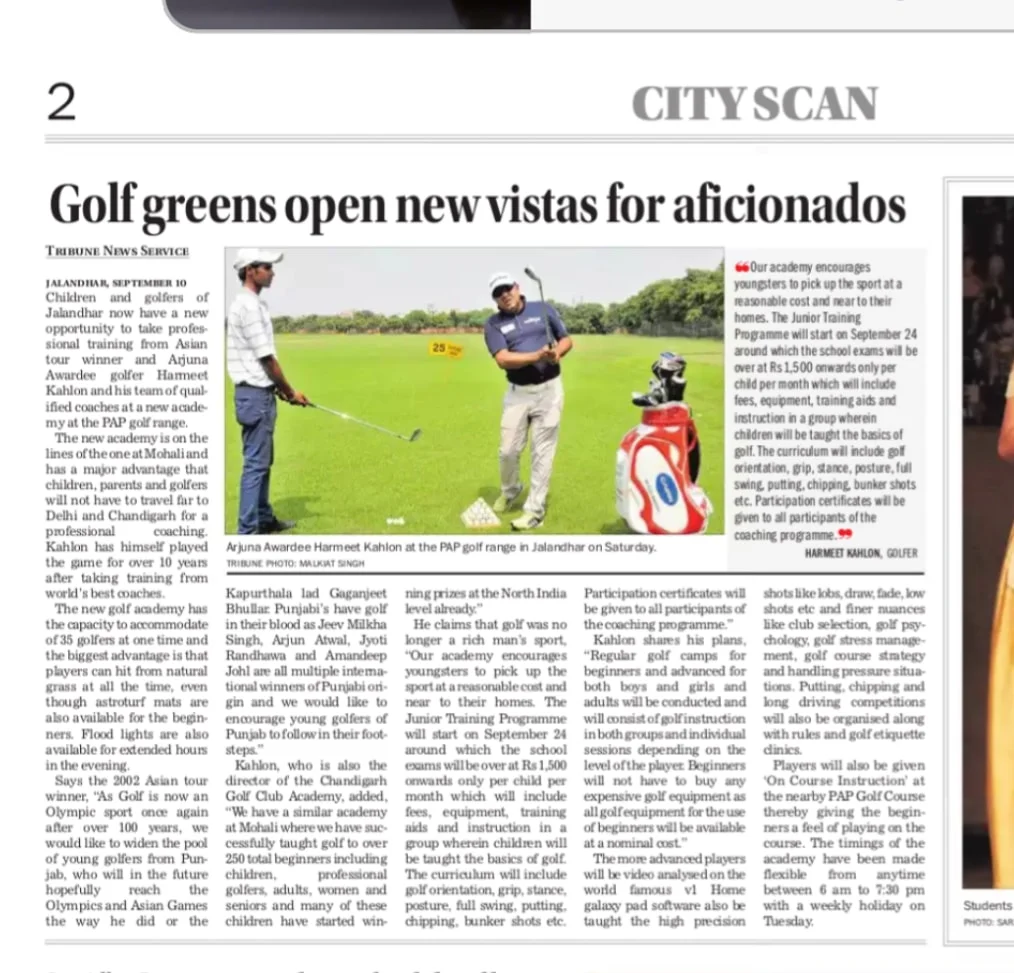Arjuna Awardee golfer Harmeet Kahlon practicing at the PGA golf range in Jalandhar as children and enthusiasts watch.