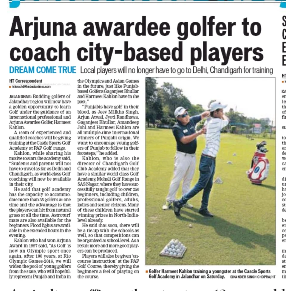 Arjuna Awardee golfer Harmeet Kahlon coaching a young player at the Castle Sports Golf Academy in Jalandhar.